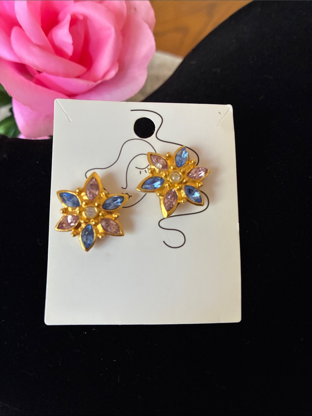 Avon Gold Floral Earrings with Blue and Pink Stones